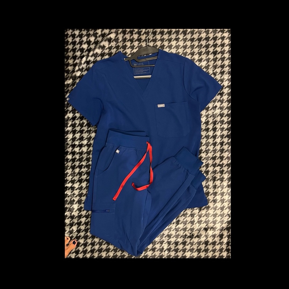 Figs Royal Blue Scrub Set with Red Accent
